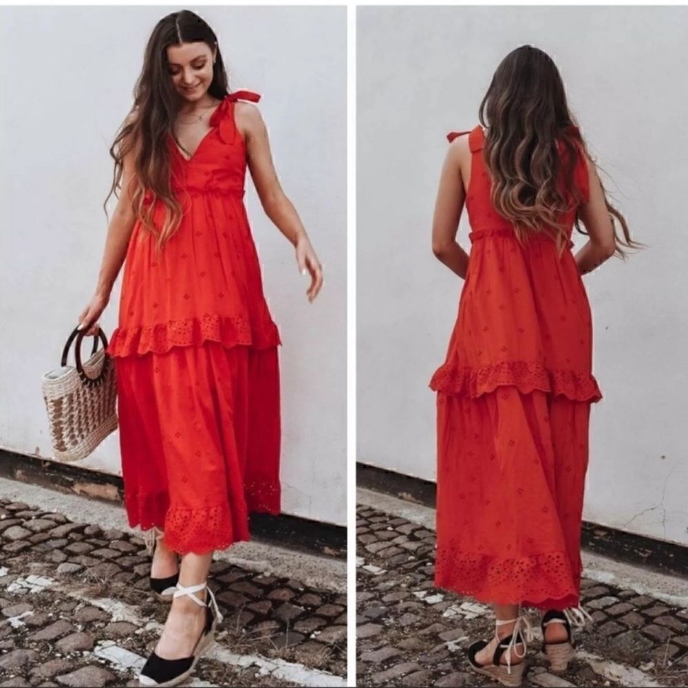 ZARA OPENWORK EMBROIDERED DRESS WITH BOW STRAPS